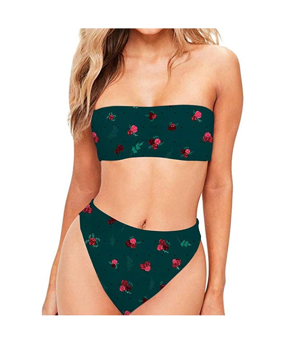 Women High Cut Bandeau Strapless Swimsuits Bikini Set Printed XS-XXL - Forest Green - CZ18QQOQ3IG $38.14-Sets