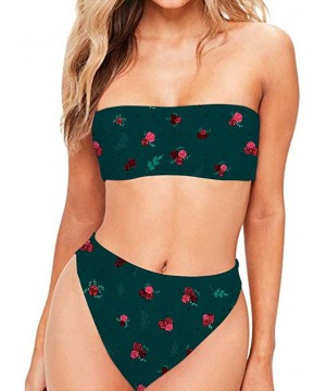 Women High Cut Bandeau Strapless Swimsuits Bikini Set Printed XS-XXL - Forest Green - CZ18QQOQ3IG $38.14-Sets