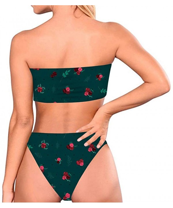 Women High Cut Bandeau Strapless Swimsuits Bikini Set Printed XS-XXL - Forest Green - CZ18QQOQ3IG $38.14-Sets