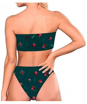 Women High Cut Bandeau Strapless Swimsuits Bikini Set Printed XS-XXL - Forest Green - CZ18QQOQ3IG $38.14-Sets