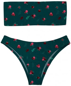 Women High Cut Bandeau Strapless Swimsuits Bikini Set Printed XS-XXL - Forest Green - CZ18QQOQ3IG $38.14-Sets