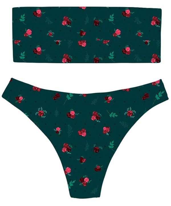 Women High Cut Bandeau Strapless Swimsuits Bikini Set Printed XS-XXL - Forest Green - CZ18QQOQ3IG $38.14-Sets