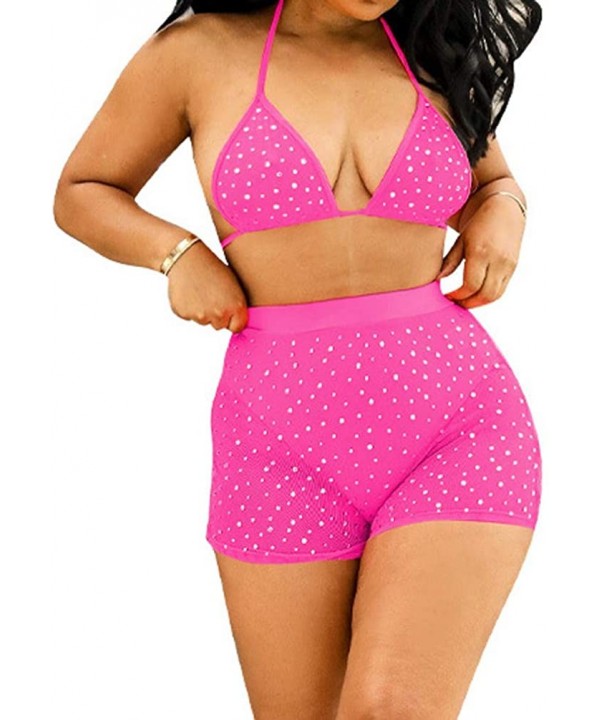 Women Sexy Two Piece Swimsuit Lingerie Mesh Rhinestone Swimwear Clubwear Bikini Top and Shorts Set - Pink - C418SQUUC6C $13.8...