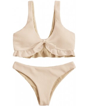 Women's 2 Pieces Knit Knot Ruffle Hem Top with High Waist Thong Bikini Set - 1-nude - CW1983RDAAQ $17.35-Sets