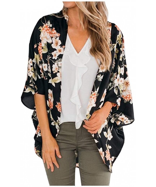 Chiffon Floral Sheer Beach Kimonos for Women Cardigan Cover Up - Dark Blue - C619C6TDQC8 $12.90-Cover-Ups