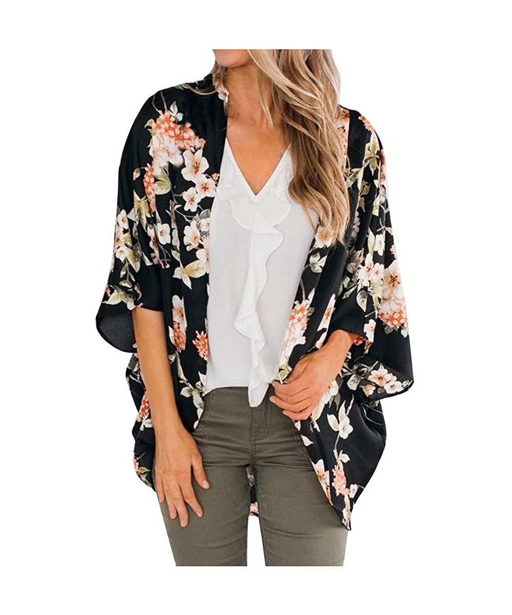 Chiffon Floral Sheer Beach Kimonos for Women Cardigan Cover Up - Dark Blue - C619C6TDQC8 $12.90-Cover-Ups