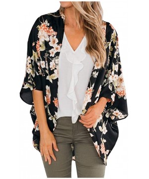 Chiffon Floral Sheer Beach Kimonos for Women Cardigan Cover Up - Dark Blue - C619C6TDQC8 $12.90-Cover-Ups