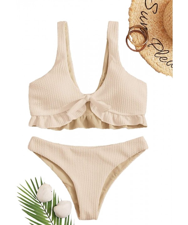 Women's 2 Pieces Knit Knot Ruffle Hem Top with High Waist Thong Bikini Set - 1-nude - CW1983RDAAQ $17.35-Sets