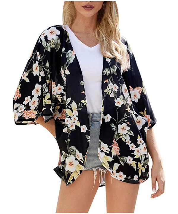 Chiffon Floral Sheer Beach Kimonos for Women Cardigan Cover Up - Dark Blue - C619C6TDQC8 $12.90-Cover-Ups