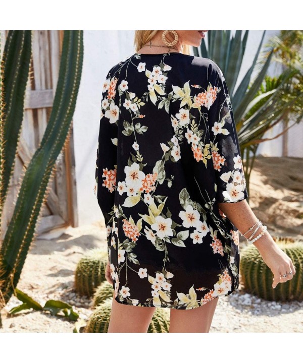 Chiffon Floral Sheer Beach Kimonos for Women Cardigan Cover Up - Dark Blue - C619C6TDQC8 $12.90-Cover-Ups