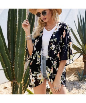 Chiffon Floral Sheer Beach Kimonos for Women Cardigan Cover Up - Dark Blue - C619C6TDQC8 $12.90-Cover-Ups