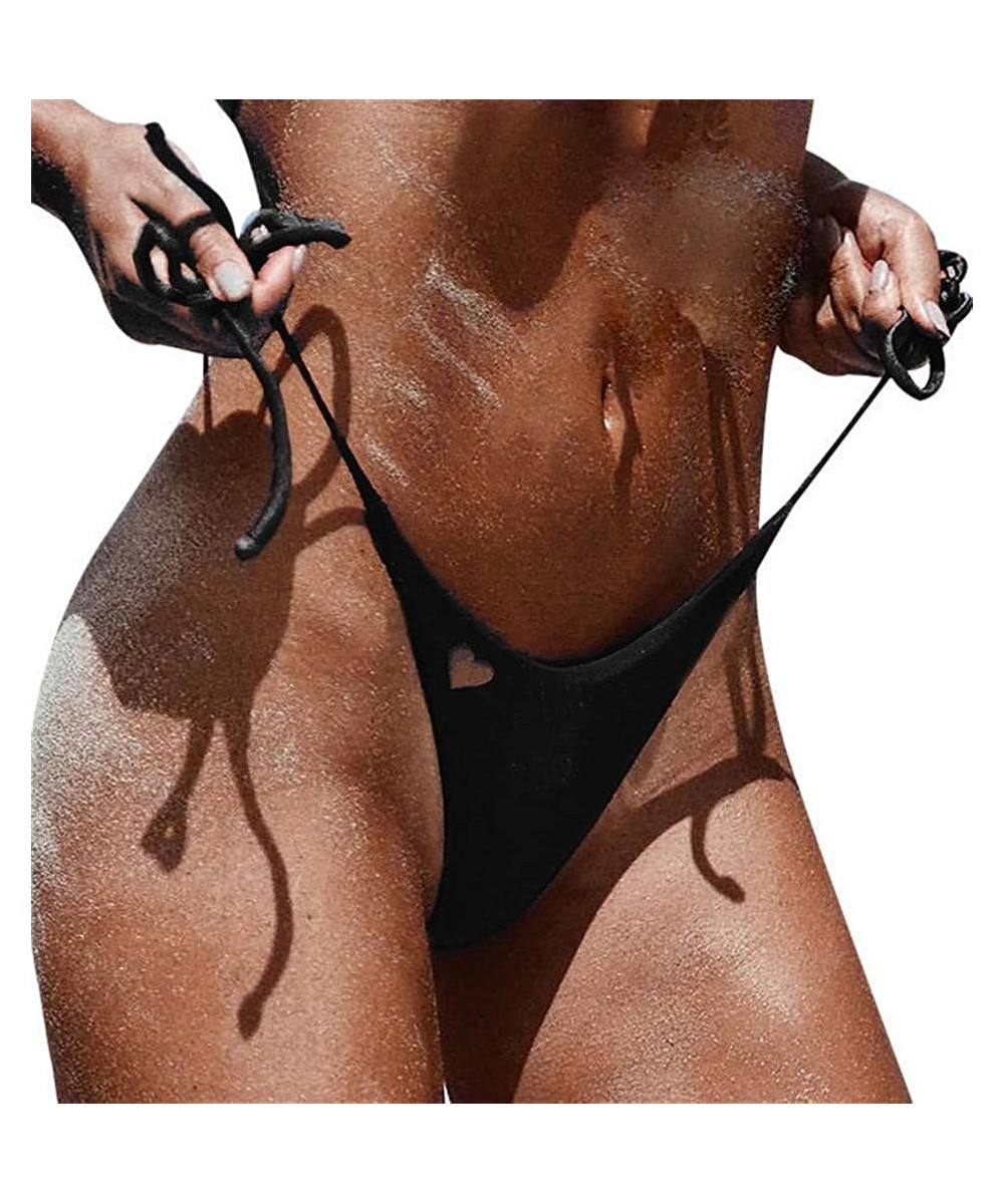 Women's Brazilian Solid Heart Cut-Out G-Back Thong Cheeky Bikini Bottom - Tie Style Black - CP18R4TLZMG $10.04-Board Shorts