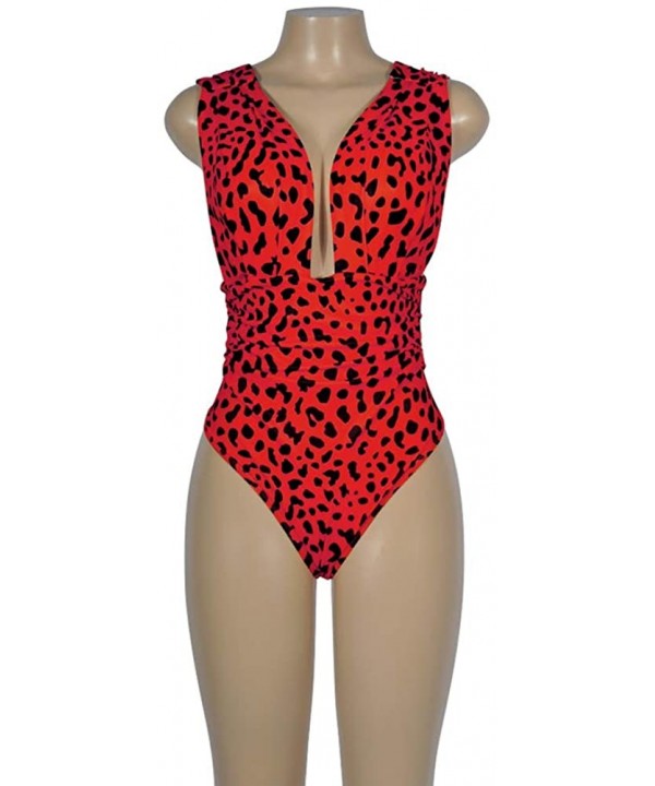 Women's Deep V Neck Leopard Backless Sleeveless Bikini One Piece Monokini Swimsuits Suits - Red - CF18R3RSAHH $14.36-One-Pieces