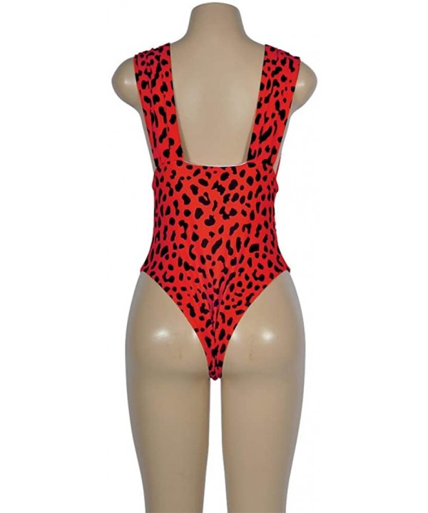 Women's Deep V Neck Leopard Backless Sleeveless Bikini One Piece Monokini Swimsuits Suits - Red - CF18R3RSAHH $14.36-One-Pieces