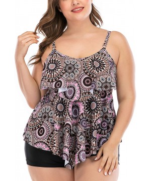 Women's Plus Size Tankini Flounce Swimsuits Bathing Suits Tummy Control Swimwear - Print02 - CU193TUM5AI $30.48-Racing