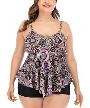 Women's Plus Size Tankini Flounce Swimsuits Bathing Suits Tummy Control Swimwear - Print02 - CU193TUM5AI $30.48-Racing