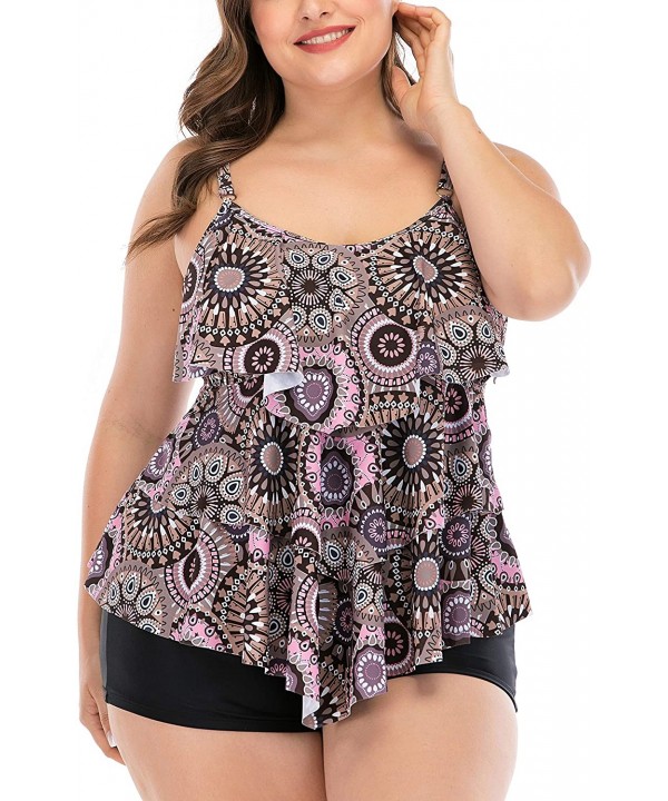 Women's Plus Size Tankini Flounce Swimsuits Bathing Suits Tummy Control Swimwear - Print02 - CU193TUM5AI $30.48-Racing