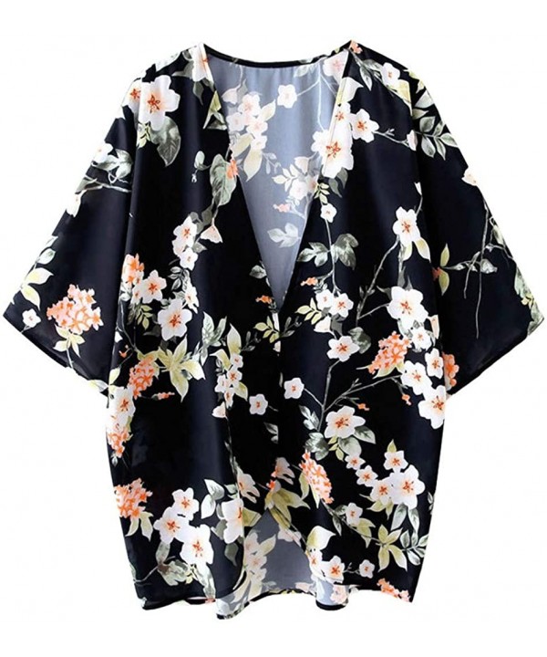 Chiffon Floral Sheer Beach Kimonos for Women Cardigan Cover Up - Dark Blue - C619C6TDQC8 $12.90-Cover-Ups