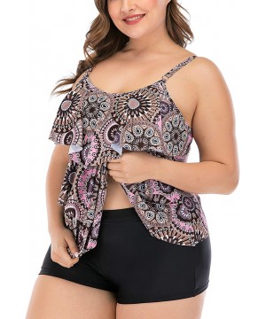 Women's Plus Size Tankini Flounce Swimsuits Bathing Suits Tummy Control Swimwear - Print02 - CU193TUM5AI $30.48-Racing