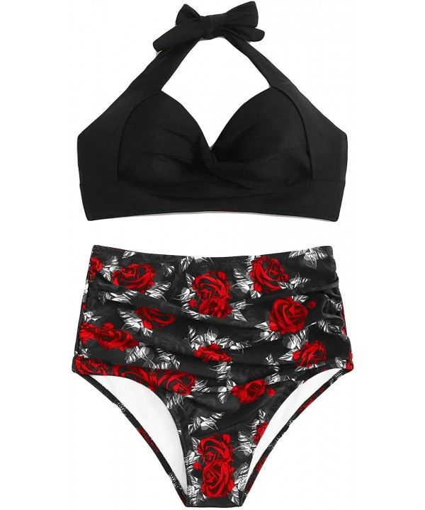 Women's Two Piece Bandeau Bikini Sets High Waisted Floral Lace Swimsuit - Black - C4193SUHZR0 $12.22-Sets