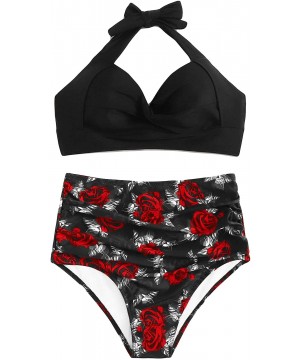 Women's Two Piece Bandeau Bikini Sets High Waisted Floral Lace Swimsuit - Black - C4193SUHZR0 $12.22-Sets