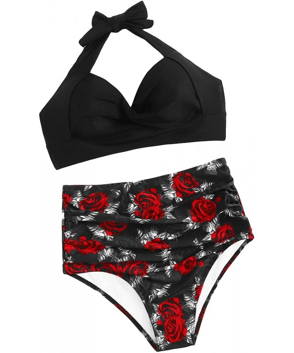 Women's Two Piece Bandeau Bikini Sets High Waisted Floral Lace Swimsuit - Black - C4193SUHZR0 $12.22-Sets