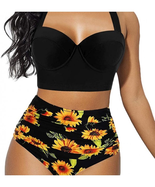 Women Swimsuit Bathing Suit Sunflower High Waisted Bottom Swimwear Two Piece Summer Halter Bikini Swim Suit Set (Black- XL) -...