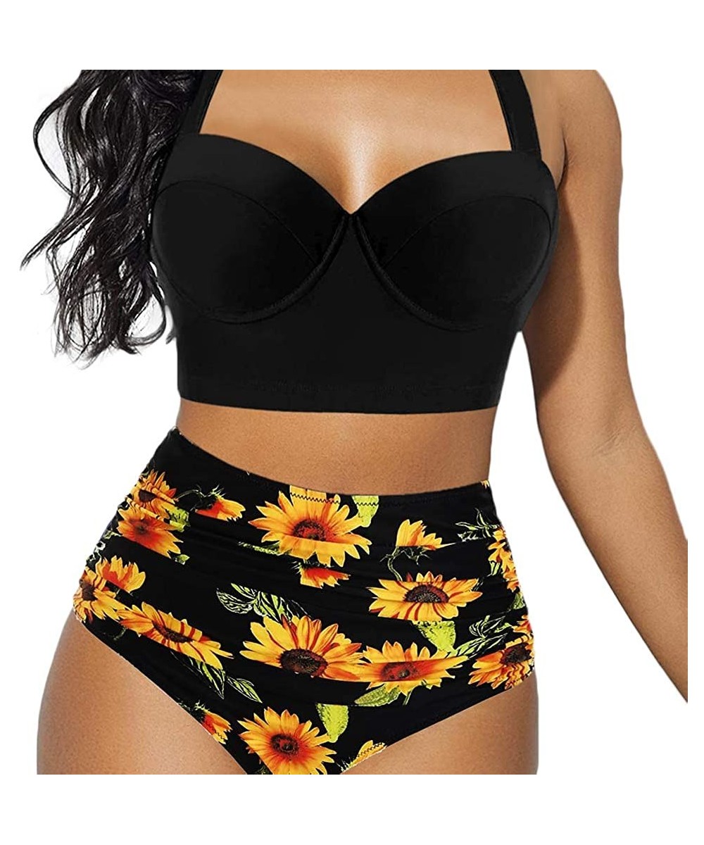 Women Swimsuit Bathing Suit Sunflower High Waisted Bottom Swimwear Two Piece Summer Halter Bikini Swim Suit Set (Black- XL) -...