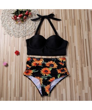 Women Swimsuit Bathing Suit Sunflower High Waisted Bottom Swimwear Two Piece Summer Halter Bikini Swim Suit Set (Black- XL) -...