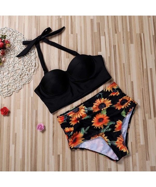 Women Swimsuit Bathing Suit Sunflower High Waisted Bottom Swimwear Two Piece Summer Halter Bikini Swim Suit Set (Black- XL) -...