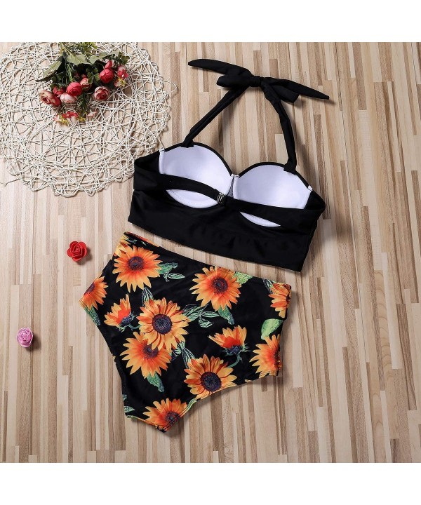 Women Swimsuit Bathing Suit Sunflower High Waisted Bottom Swimwear Two Piece Summer Halter Bikini Swim Suit Set (Black- XL) -...