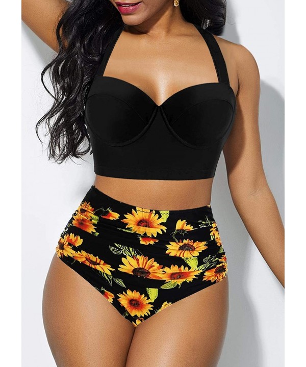 Women Swimsuit Bathing Suit Sunflower High Waisted Bottom Swimwear Two Piece Summer Halter Bikini Swim Suit Set (Black- XL) -...