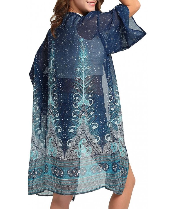 Women Chiffon Swimsuit Cover Ups Floral Kimono Casual Loose Open Front Cardigan - Blue-longstyle-3 - CC18TNA6R4T $11.19-Cover...