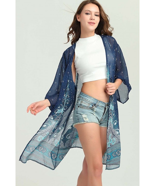 Women Chiffon Swimsuit Cover Ups Floral Kimono Casual Loose Open Front Cardigan - Blue-longstyle-3 - CC18TNA6R4T $11.19-Cover...