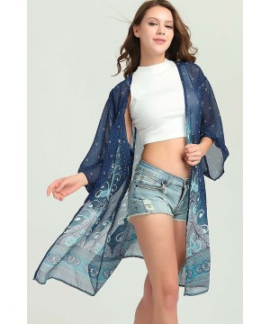 Women Chiffon Swimsuit Cover Ups Floral Kimono Casual Loose Open Front Cardigan - Blue-longstyle-3 - CC18TNA6R4T $11.19-Cover...