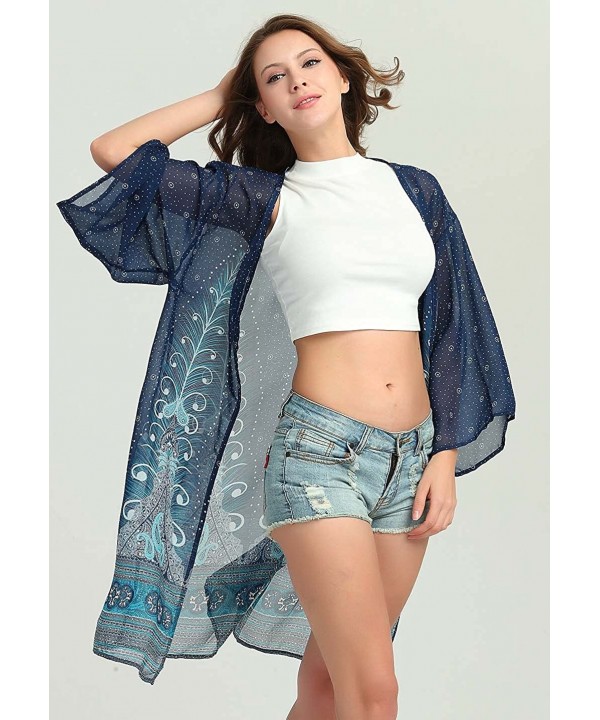 Women Chiffon Swimsuit Cover Ups Floral Kimono Casual Loose Open Front Cardigan - Blue-longstyle-3 - CC18TNA6R4T $11.19-Cover...