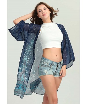 Women Chiffon Swimsuit Cover Ups Floral Kimono Casual Loose Open Front Cardigan - Blue-longstyle-3 - CC18TNA6R4T $11.19-Cover...