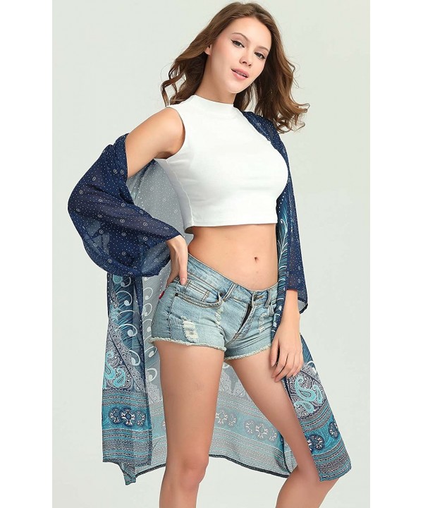 Women Chiffon Swimsuit Cover Ups Floral Kimono Casual Loose Open Front Cardigan - Blue-longstyle-3 - CC18TNA6R4T $11.19-Cover...