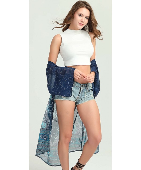 Women Chiffon Swimsuit Cover Ups Floral Kimono Casual Loose Open Front Cardigan - Blue-longstyle-3 - CC18TNA6R4T $11.19-Cover...