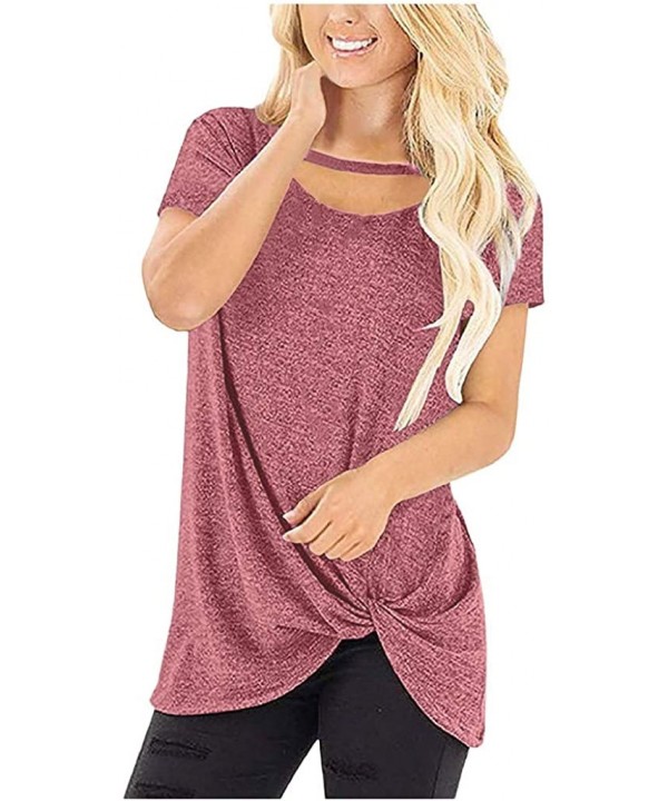 Women Loose Fit Irregular Hem T-Shirts Tops O Neck Short Sleeves Knits Tees - 02 Pink - CZ194X9C8AC $10.64-Tankinis