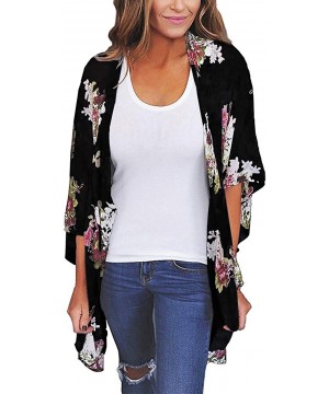 Women V Neck Chiffon Floral Tie Front Blouse Tops Shirt - Style 3 Black - CV18RT40LAL $23.55-Cover-Ups