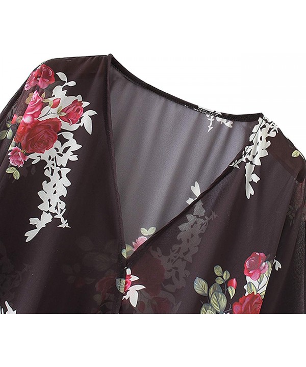 Women V Neck Chiffon Floral Tie Front Blouse Tops Shirt - Style 3 Black - CV18RT40LAL $23.55-Cover-Ups