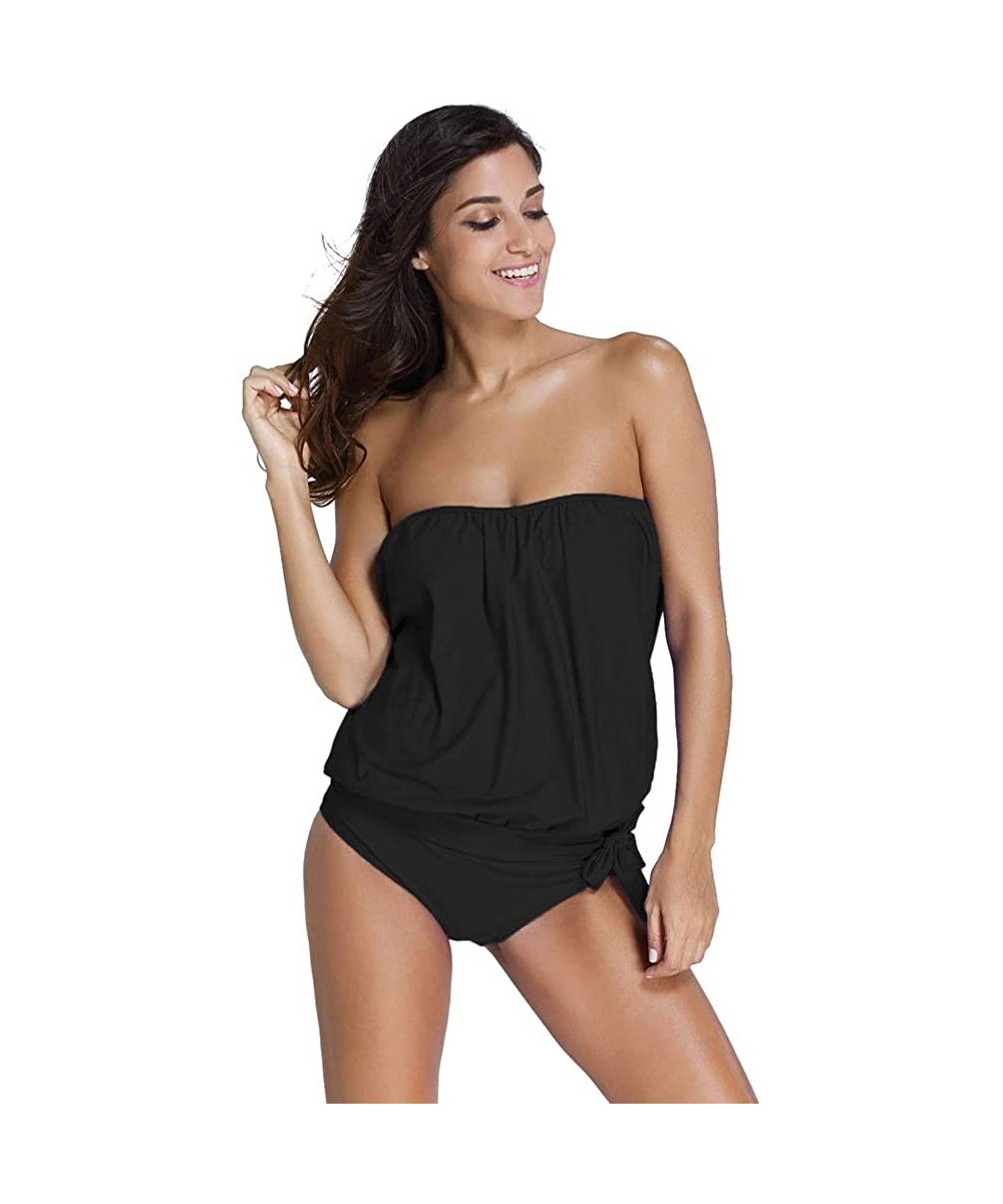 Womens Tankini Sets - Summer Beach Two Piece Strapless Bandage Swimsuit - Black - CS18OM4966S $32.83-Tankinis