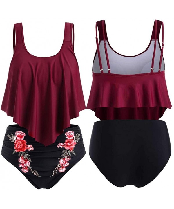 Womens Tankini Set-Women's Push Up Two Piece Bikini Swimsuits Padded Swimwear Bathing Suits - Wine - CP19586OOCL $14.51-Tankinis