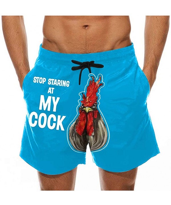 Mens Funny Swim Trunks-Stop Staring at My Cock-Summer Drawstring Quick Dry Swim Suits Vacation Surf Board Shorts - Blue - CN1...