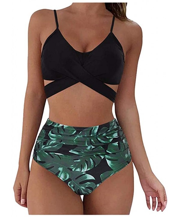 Women Push Up Swimsuit Criss Cross High Waisted String Floral Printed Ruched Bikini 2 Piece Bathing Suits - Black - C01908W7O...