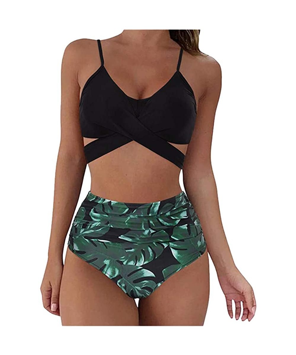 Women Push Up Swimsuit Criss Cross High Waisted String Floral Printed Ruched Bikini 2 Piece Bathing Suits - Black - C01908W7O...