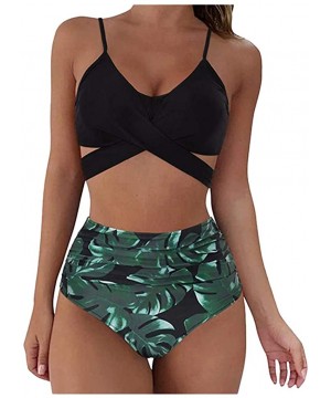 Women Push Up Swimsuit Criss Cross High Waisted String Floral Printed Ruched Bikini 2 Piece Bathing Suits - Black - C01908W7O...