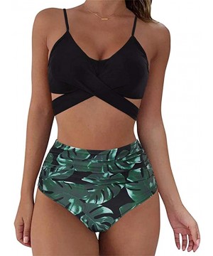 Women Push Up Swimsuit Criss Cross High Waisted String Floral Printed Ruched Bikini 2 Piece Bathing Suits - Black - C01908W7O...