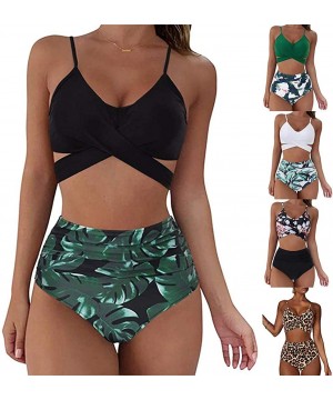 Women Push Up Swimsuit Criss Cross High Waisted String Floral Printed Ruched Bikini 2 Piece Bathing Suits - Black - C01908W7O...